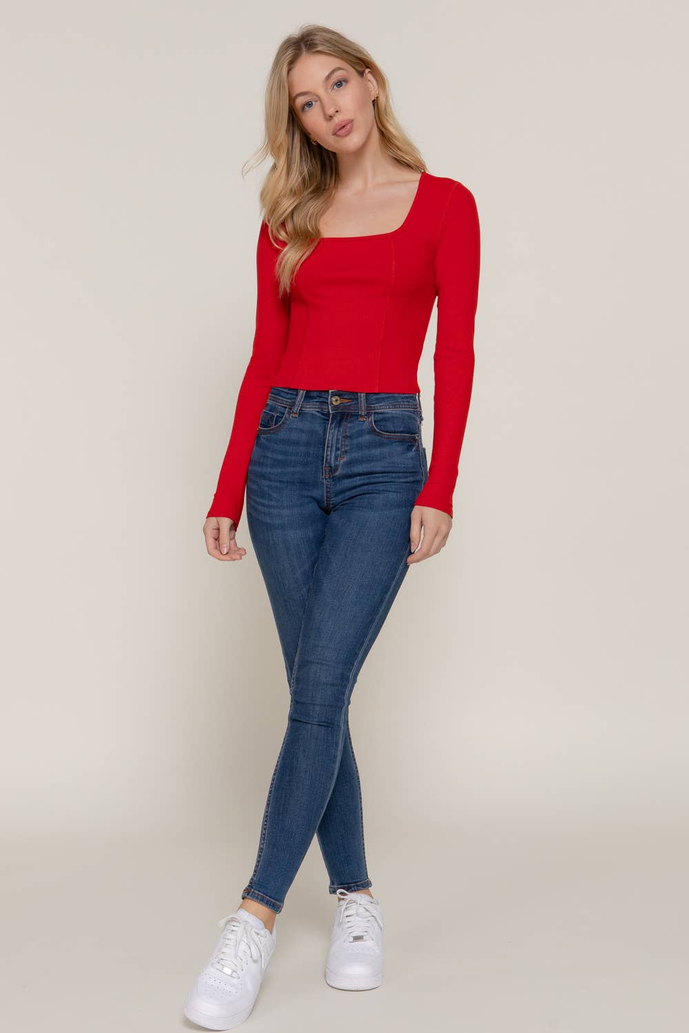 Long Sleeve Square Neck Corset Detail Knit Top