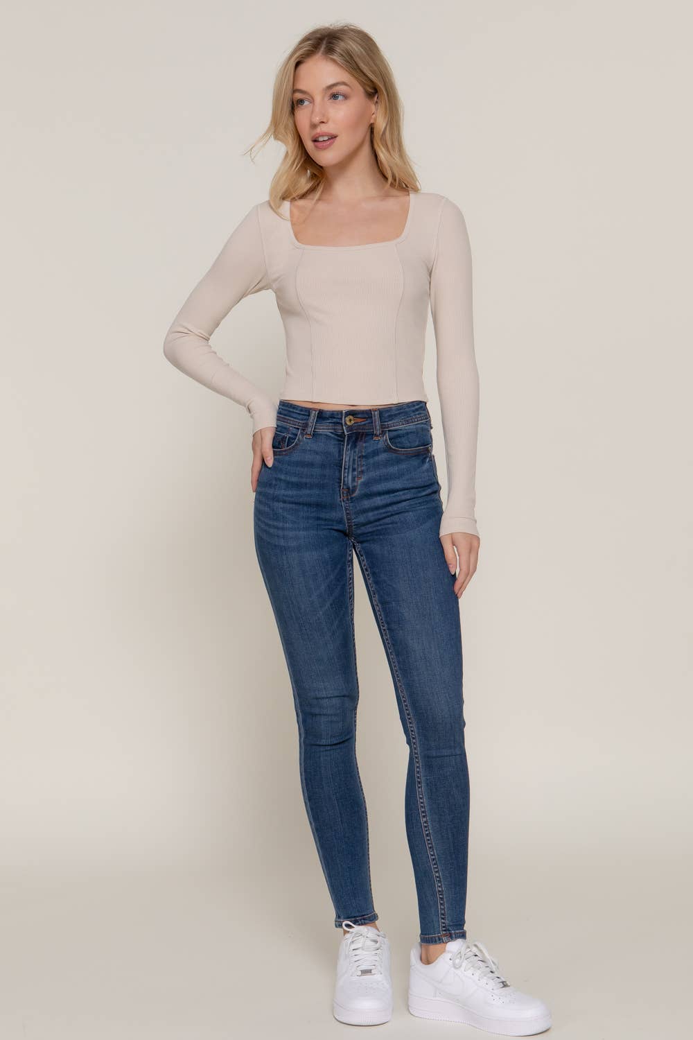 Long Sleeve Square Neck Corset Detail Knit Top