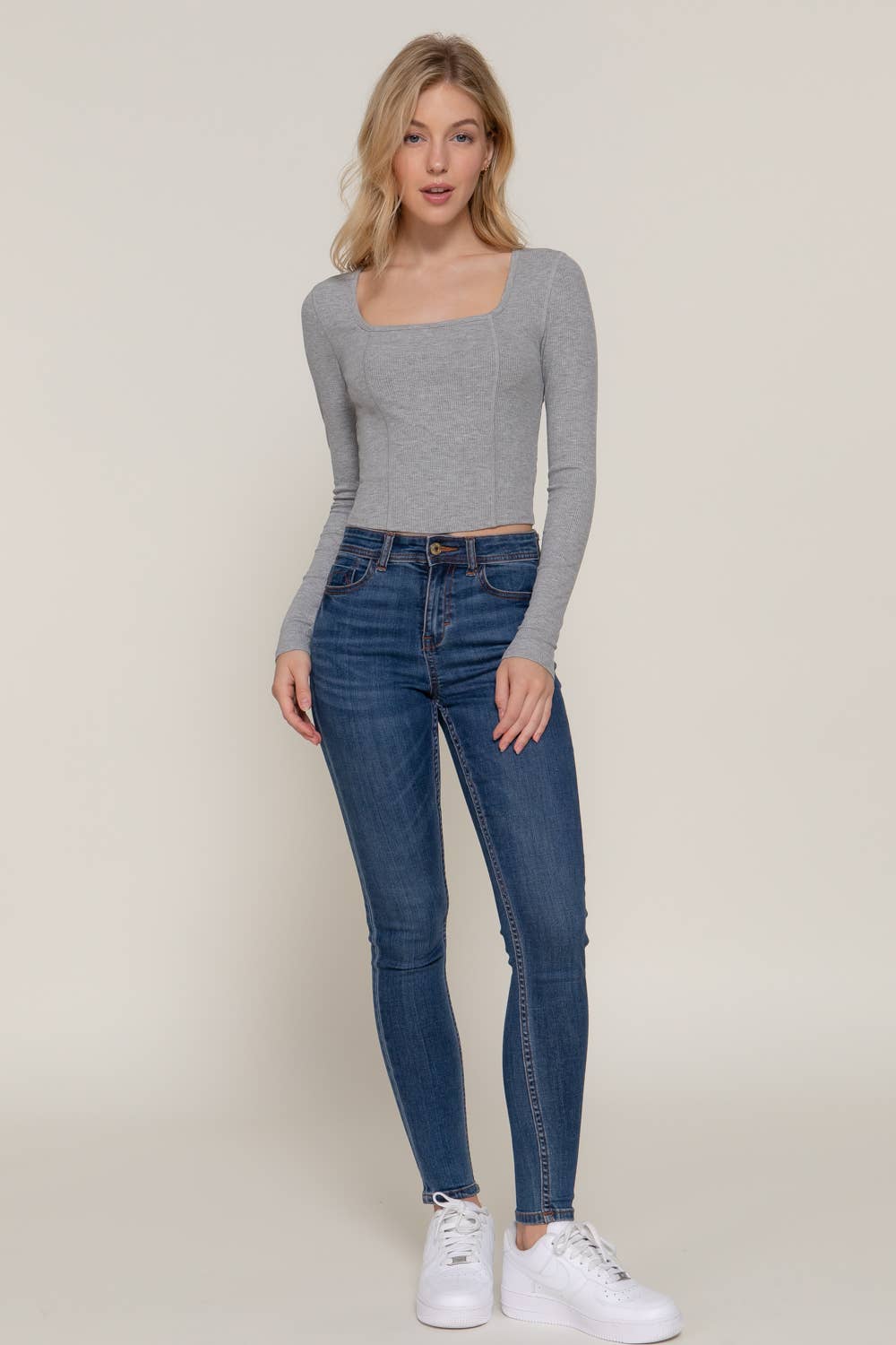 Long Sleeve Square Neck Corset Detail Knit Top