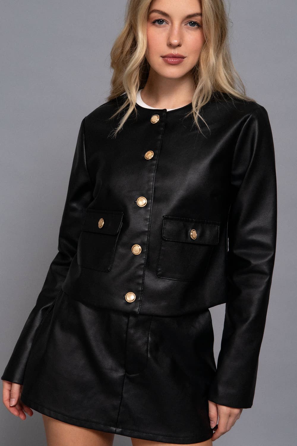 Long Sleeve Crew Neck Button Down Faux Leather Jacket