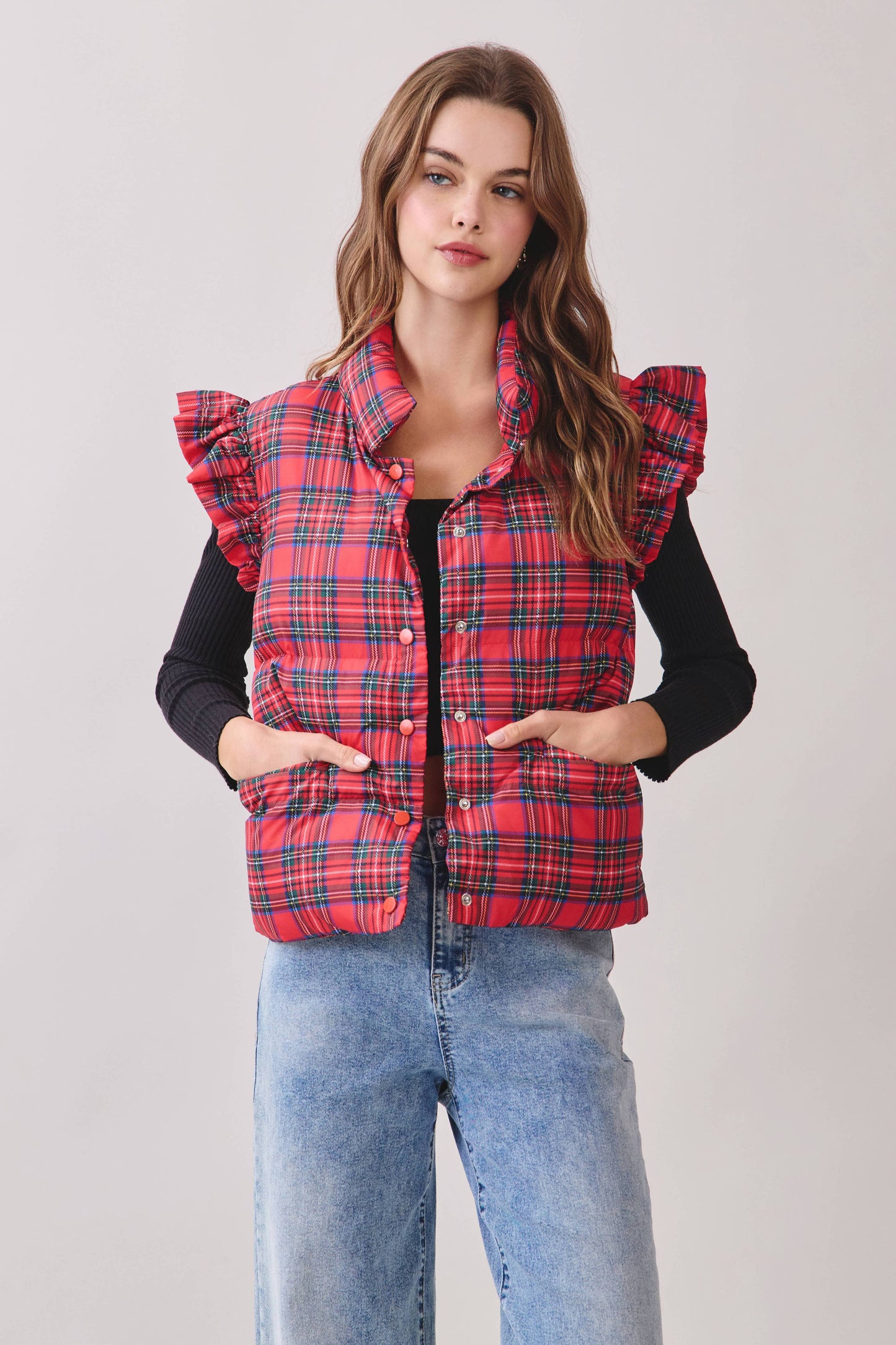 CV1277-Plaid Ruffled Shoulder Detail Puffer Vest