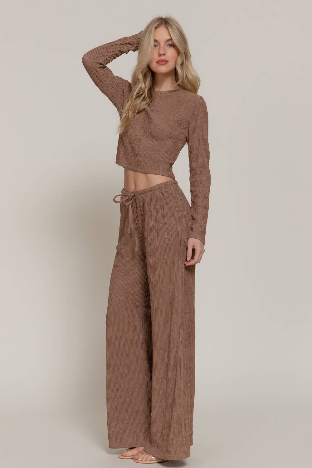 Long Sleeve Crew Neck Top & Waist Tie Long Pants Set
