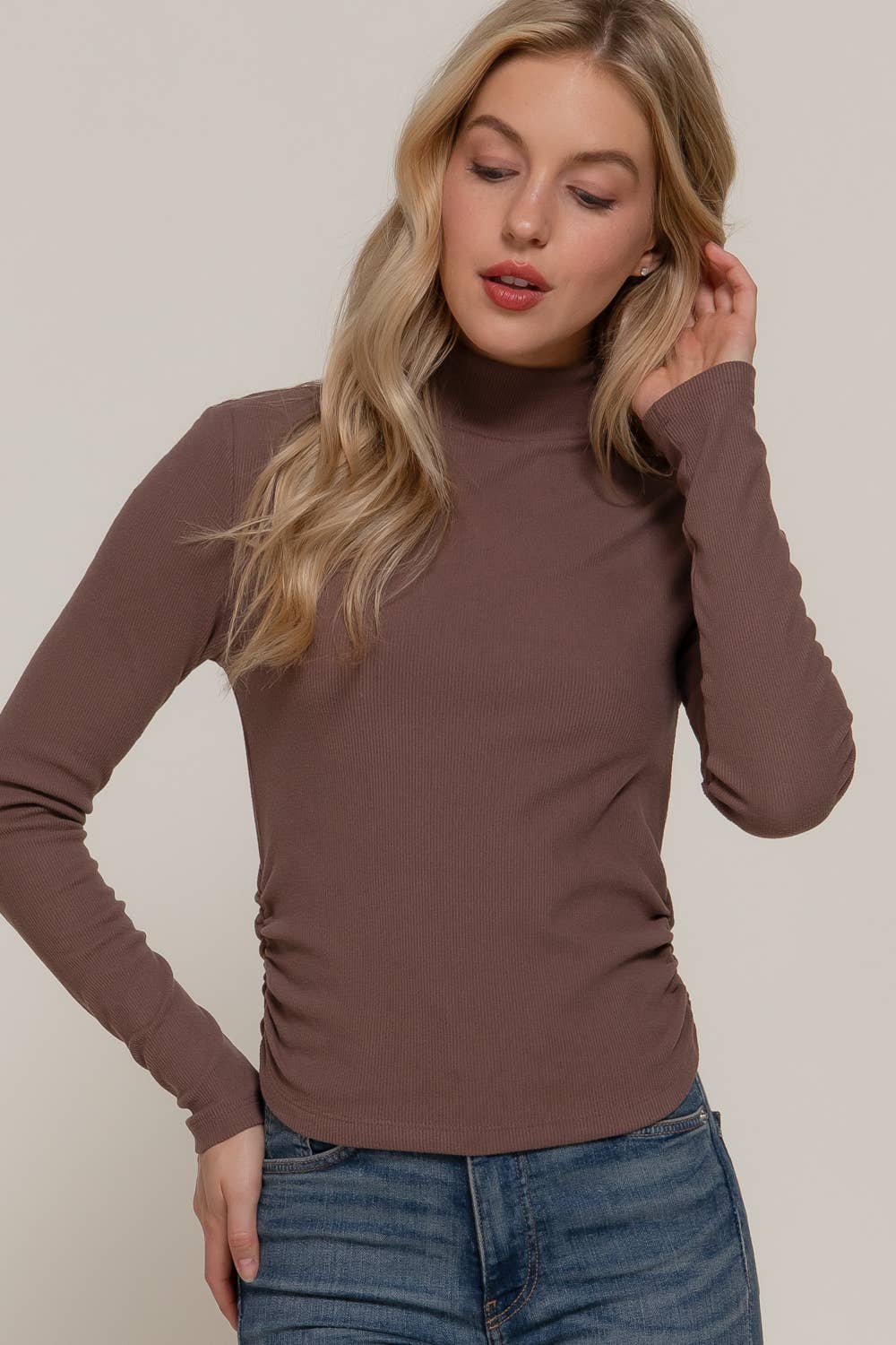 Long Sleeve Turtle Neck Side Detail Brushed Rib Top