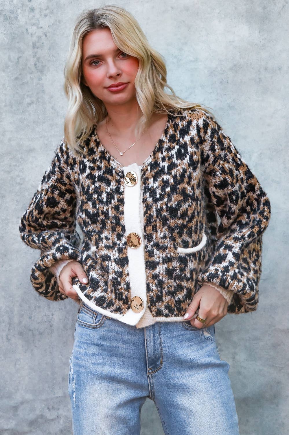 LEOPARD LONG SLEEVE CARDIGAN WITH GOLD BUTTON