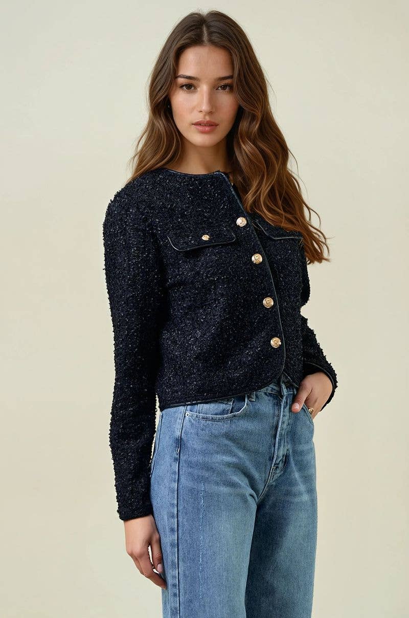 FRINGE TEXTURED KNIT BUTTON FRONT LADY JACKET - 10710J