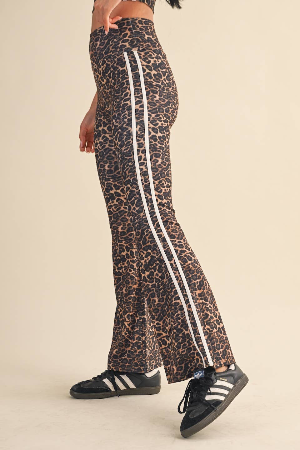 Leopard Print High Waist Flare Pants with Side Stripe