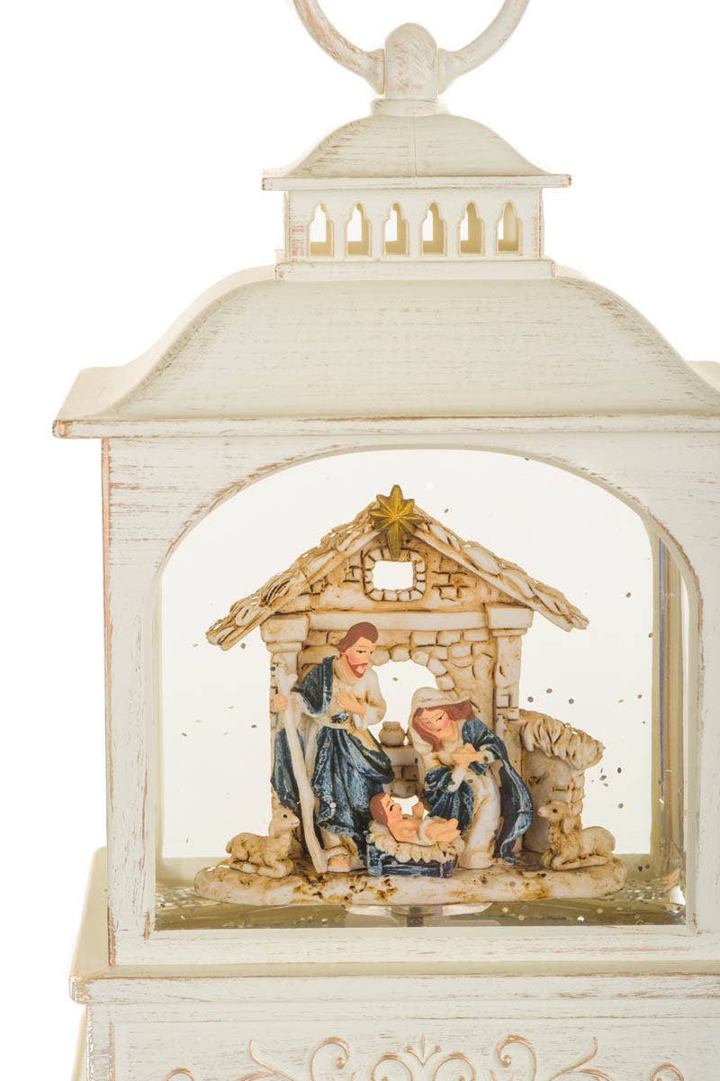 NEW-Musical White Led Lantern Snow Globe With Nativity Scene