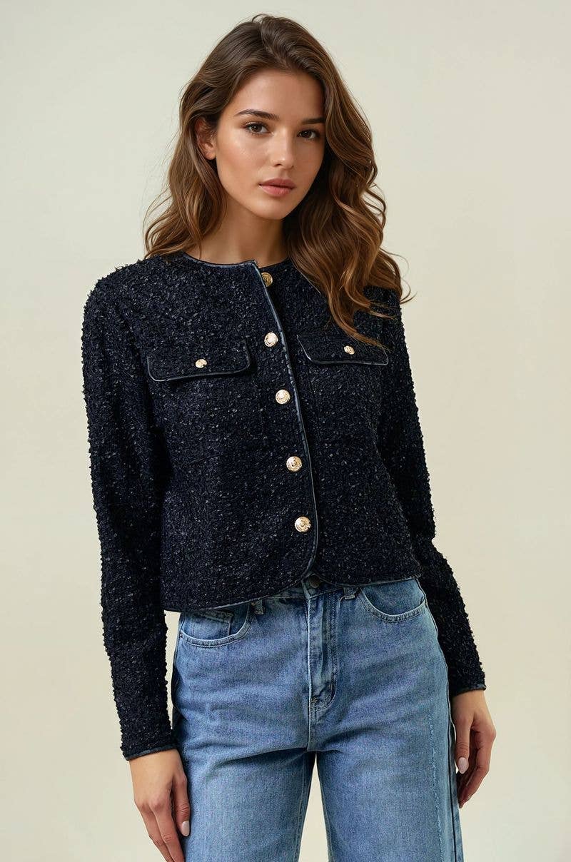 FRINGE TEXTURED KNIT BUTTON FRONT LADY JACKET - 10710J