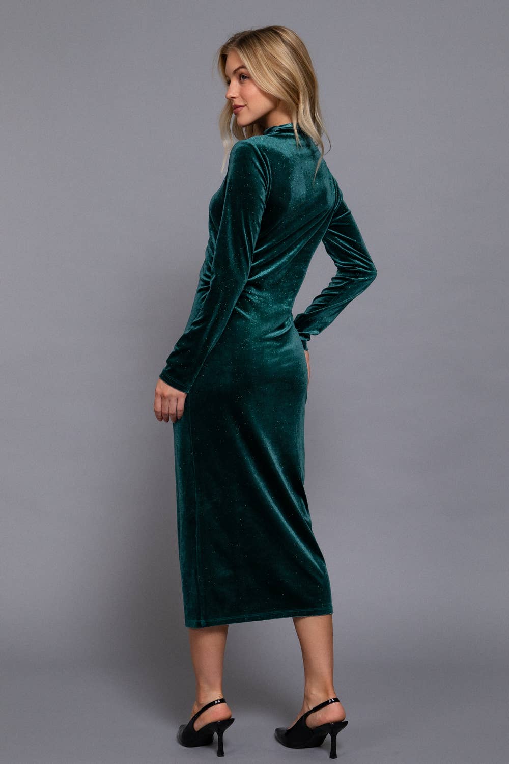 Long Sleeve High Neck Shirring Glitter Velvet Long Dress