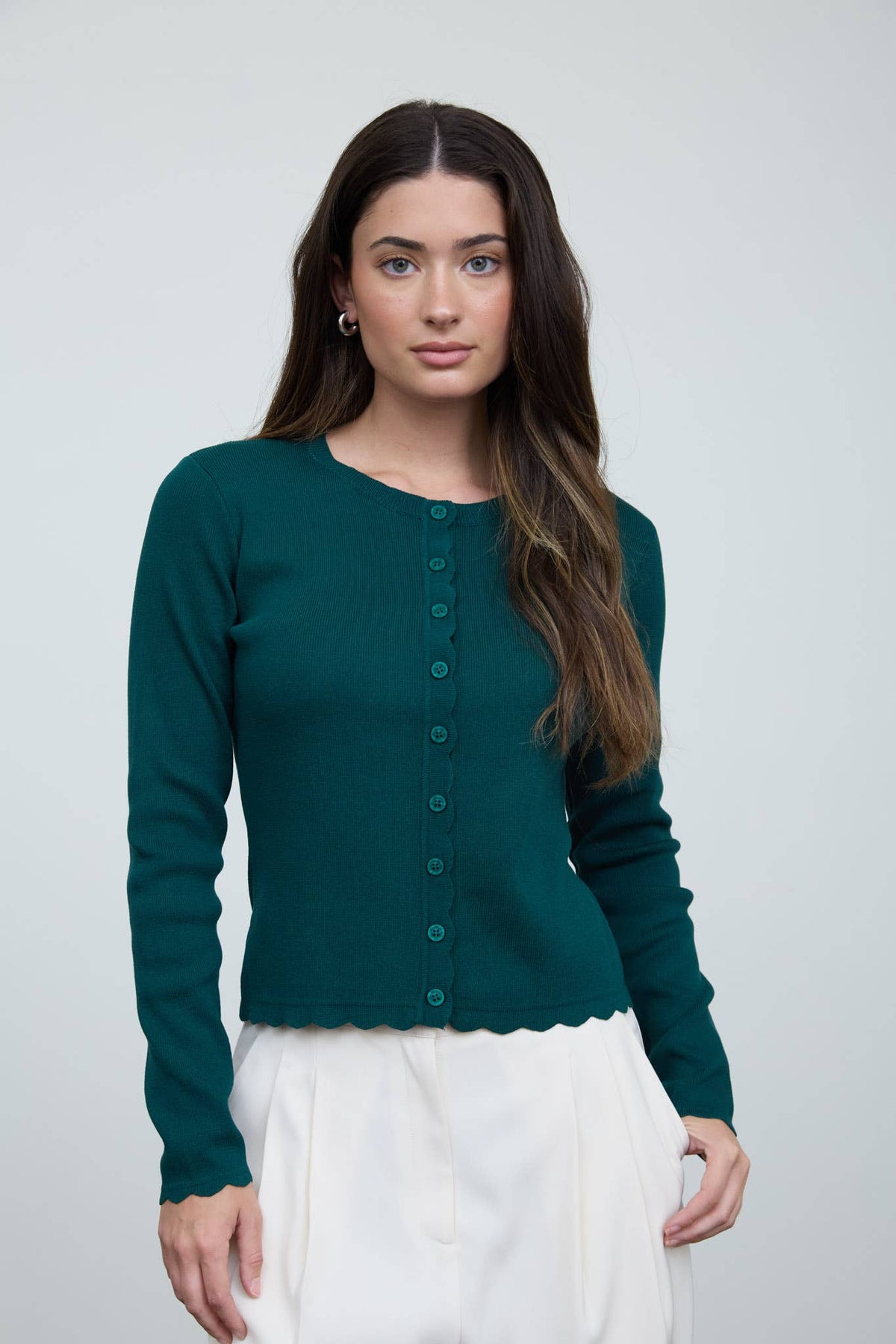 SCALLOPED BUTTON DETAIL LONG SLEEVE KNIT CARDIGAN  (PRE-ORDER)