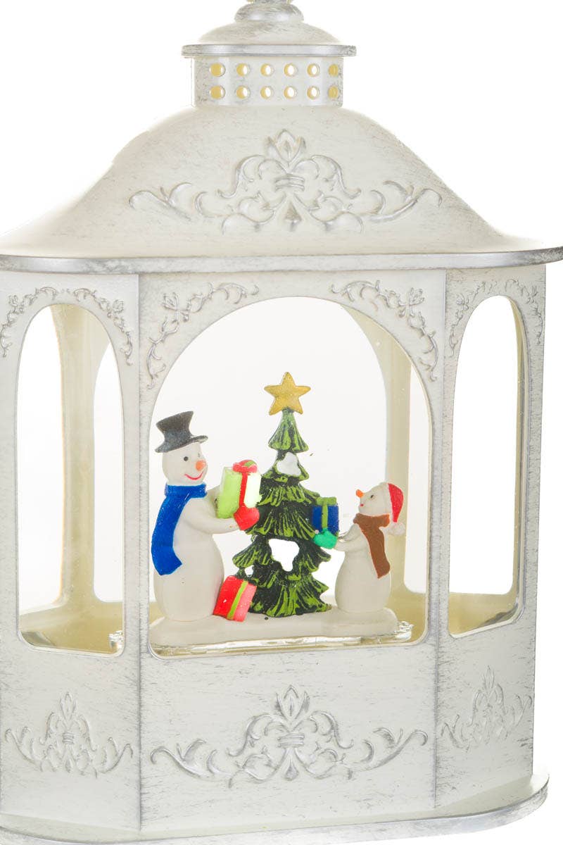 NEW-White Led Lantern Snow Globe W/ Snowmen & Presents