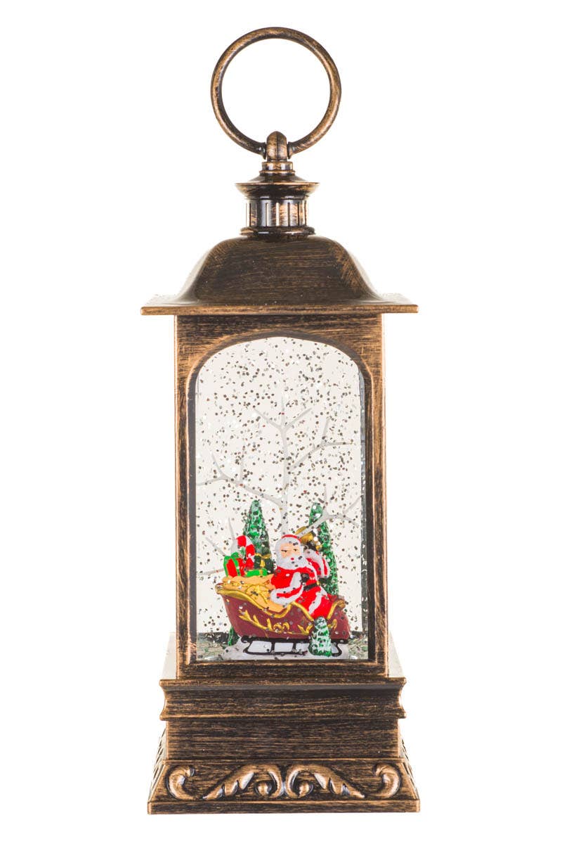 NEW-Bronze Led Lantern Snow Globe With Santa In Sleigh
