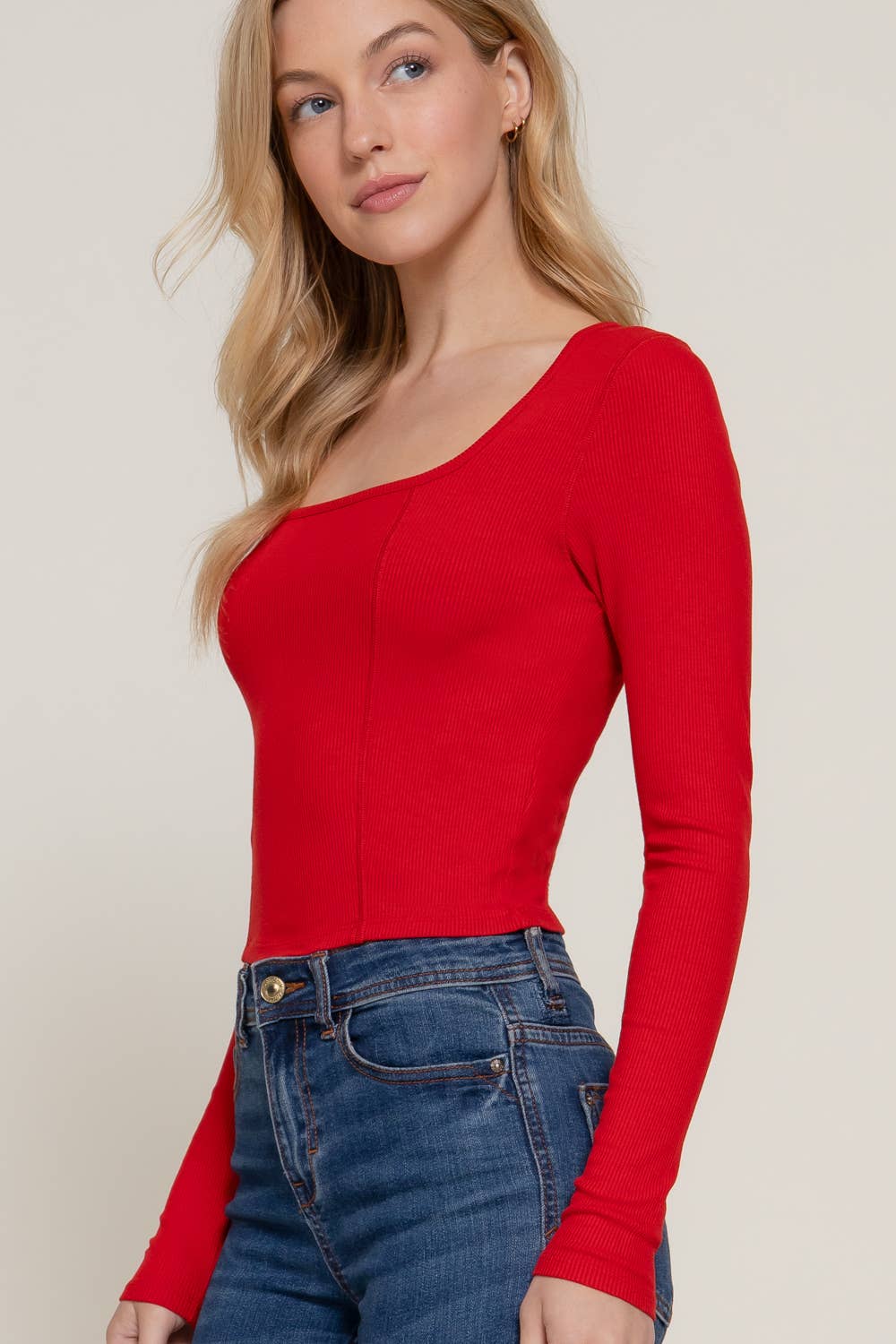 Long Sleeve Square Neck Corset Detail Knit Top
