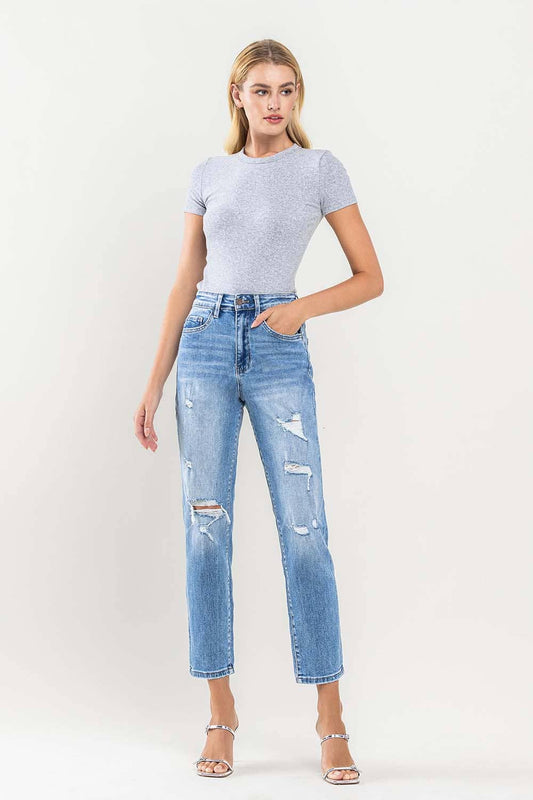 SUPER HIGH RISE DISTRESSED CROP MOM JEANS