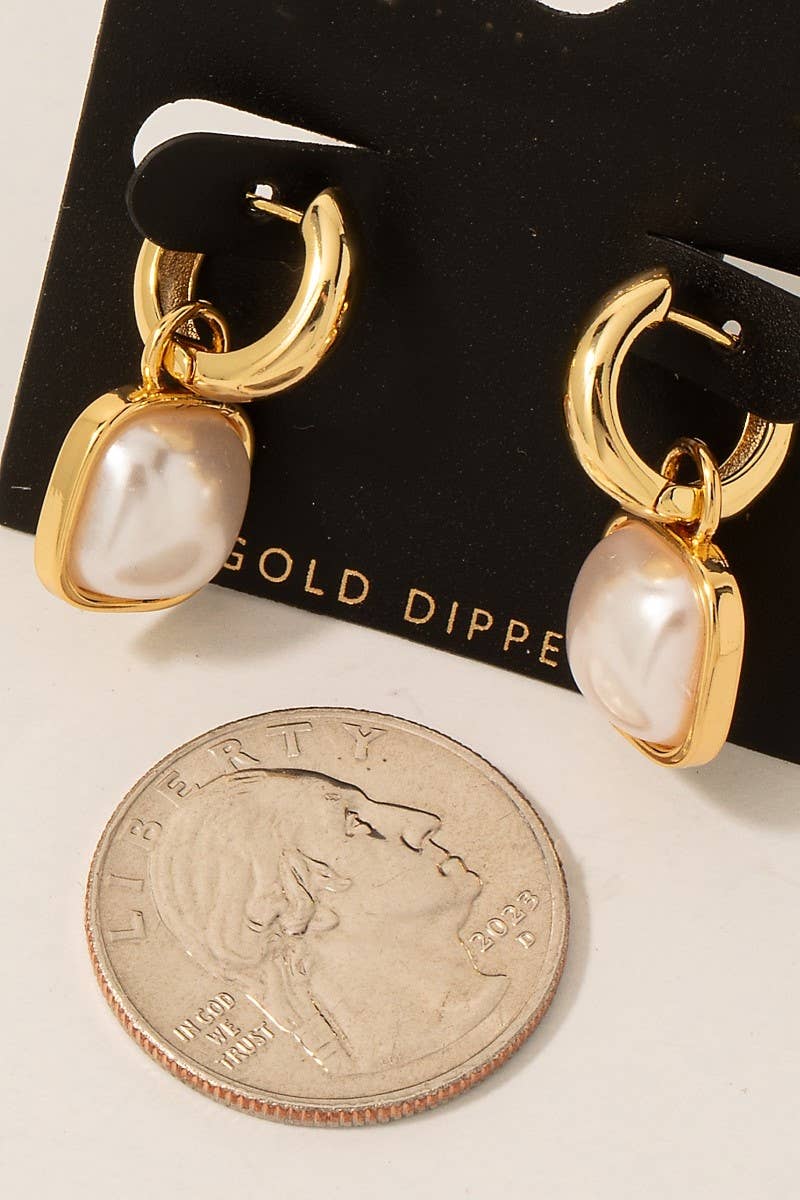 Gold Dipped Square Pearl Charm Hoop Earrings