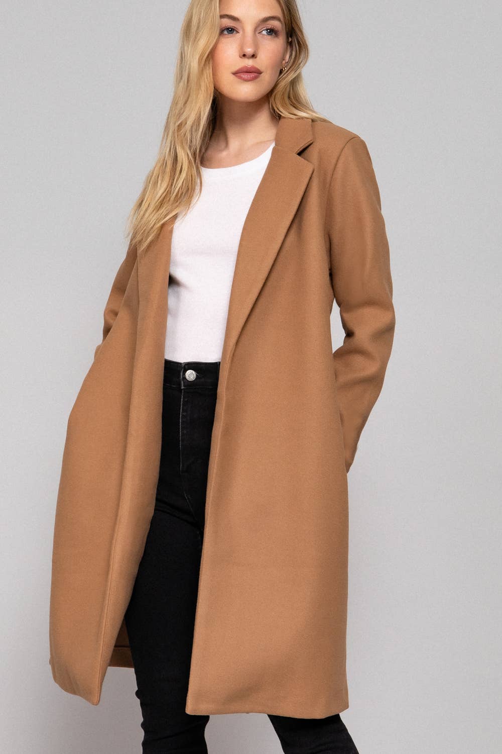 Long Sleeve Open Front Soft Felt Long Coat