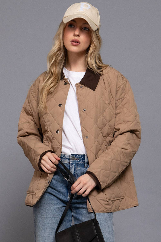 Long Sleeve Contrast Lapel Collar Quilted Puffer Work Jacket