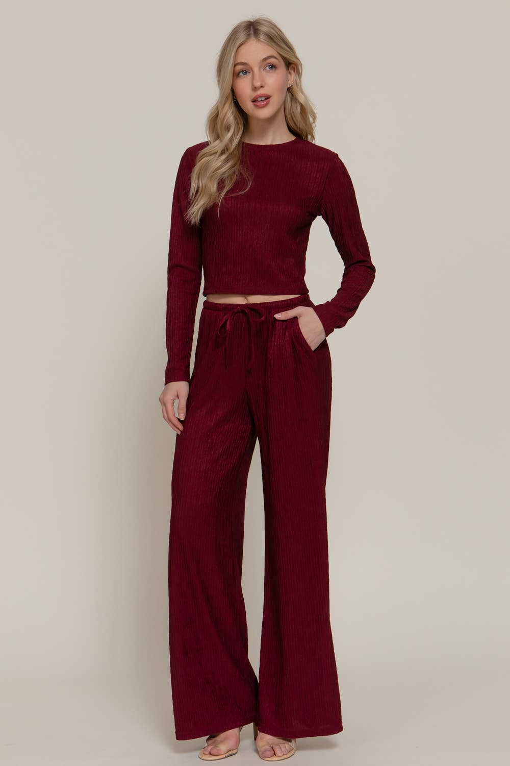 Long Sleeve Crew Neck Top & Waist Tie Long Pants Set
