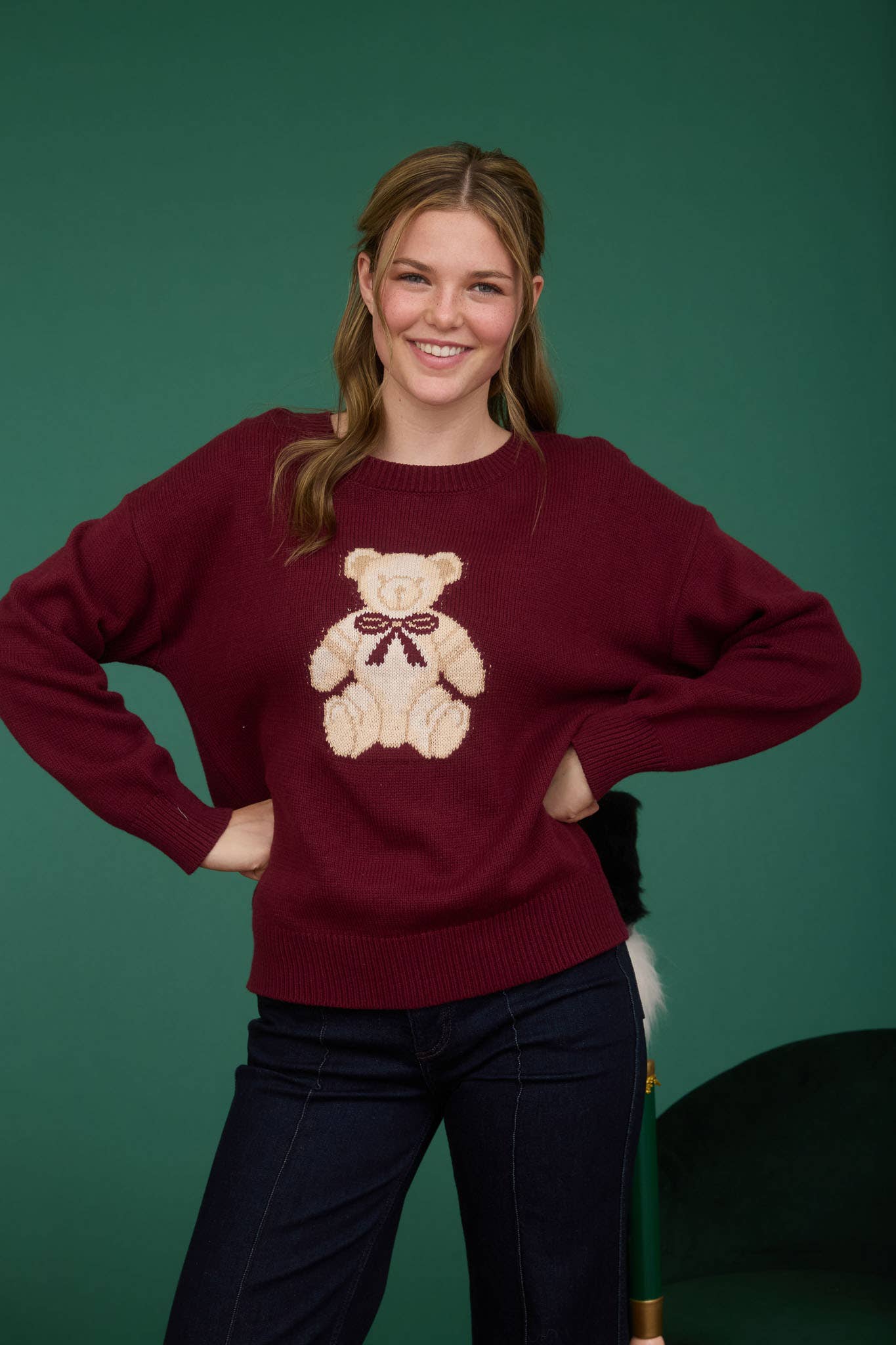 TEDDY JACQUARD CREW NECK KNIT PULLOVER SWEATER
