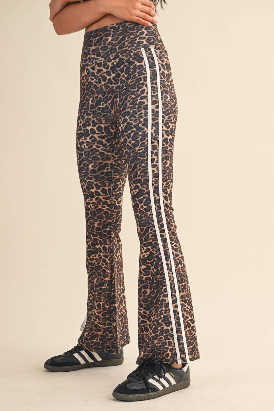 Leopard Print High Waist Flare Pants with Side Stripe