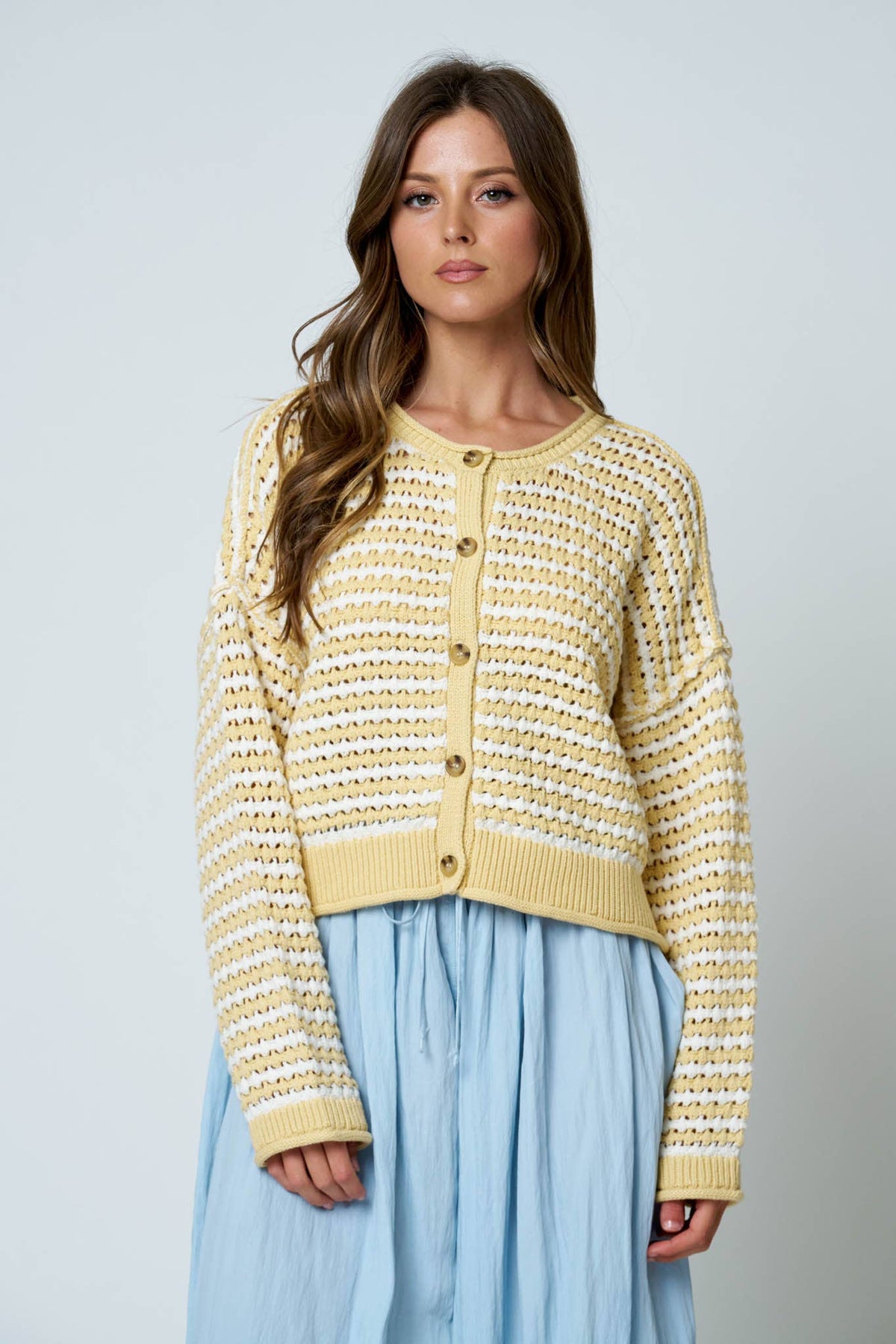 TEXTURED STRIPE CROCHET KNIT BUTTON DOWN CARDIGAN