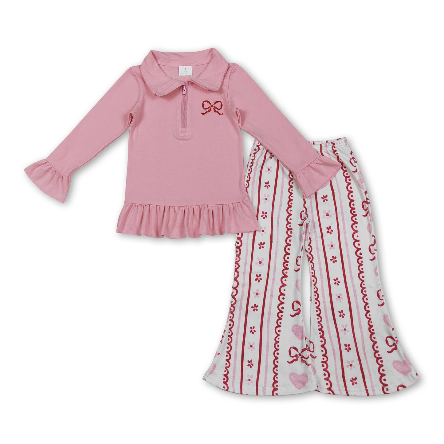 Pink heart bow floral top pants girls Valentine's pajamas