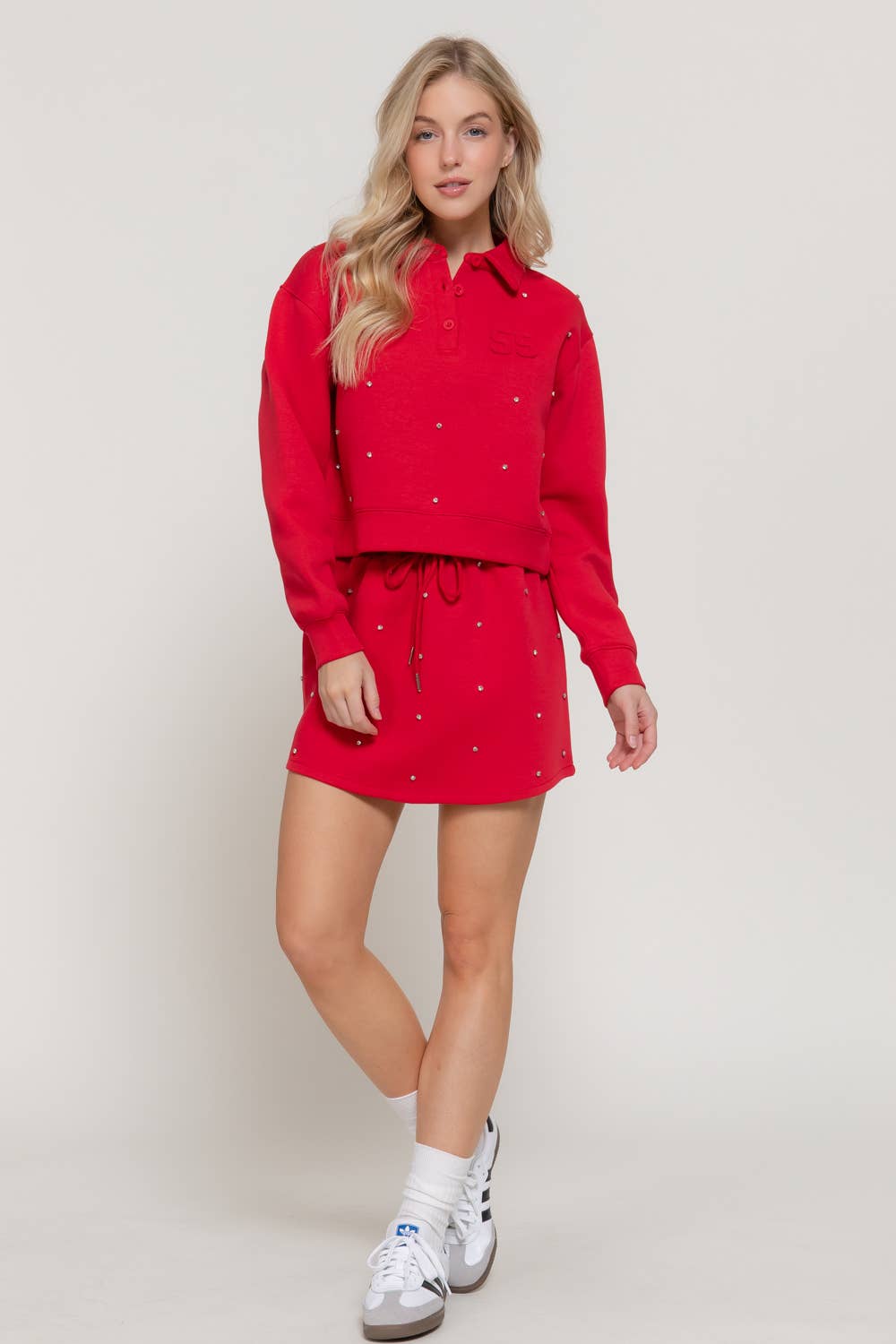 Long Sleeve with Embellished Scuba Polo Top