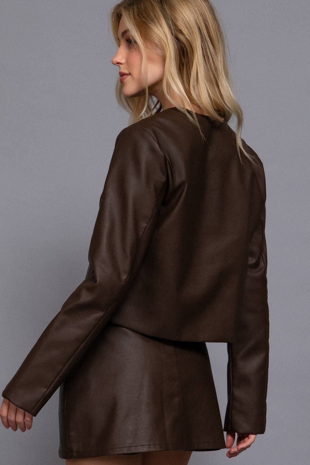 Long Sleeve Crew Neck Button Down Faux Leather Jacket