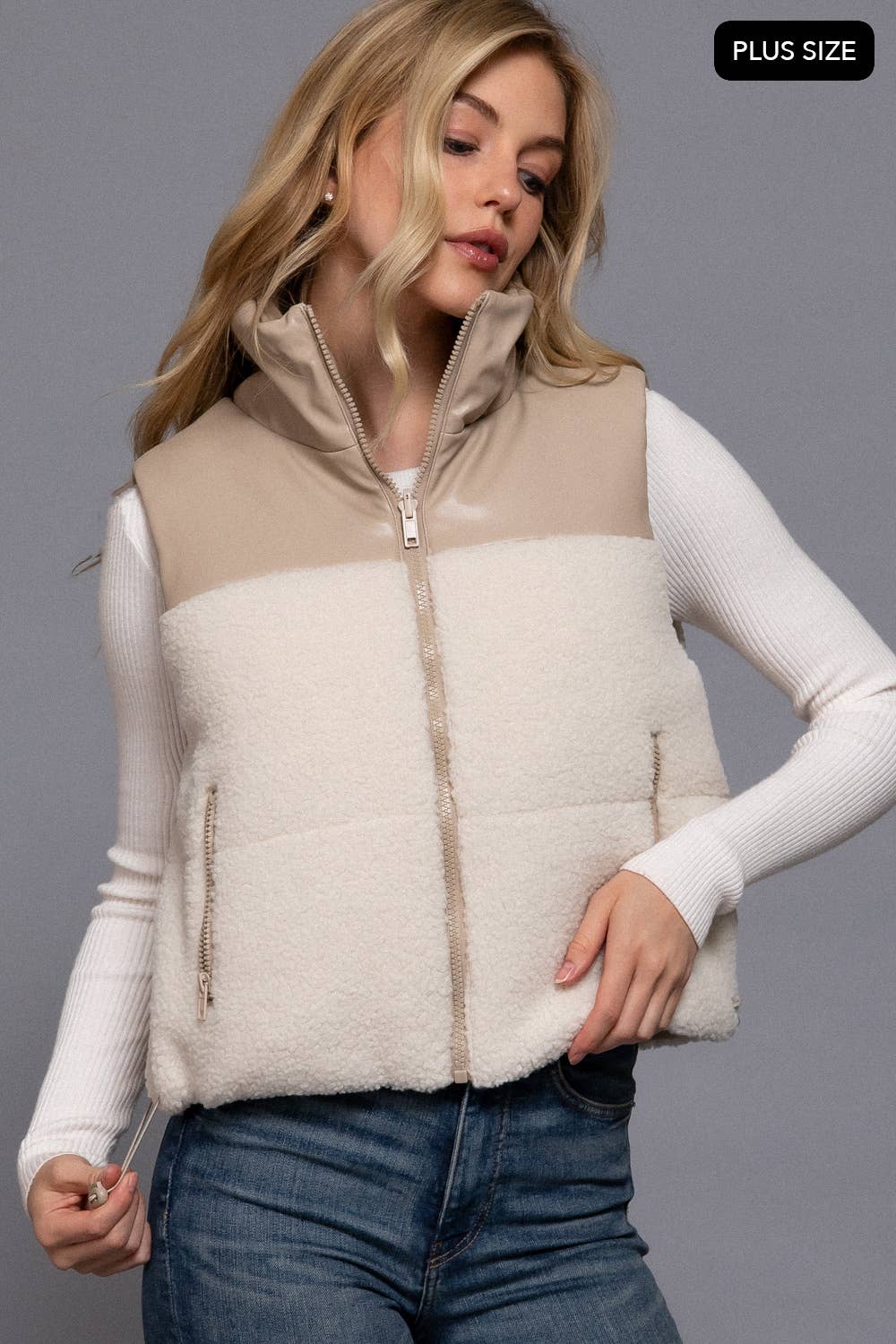 Reversible Faux Leather-Sherpa Contrast Padding Crop Vest