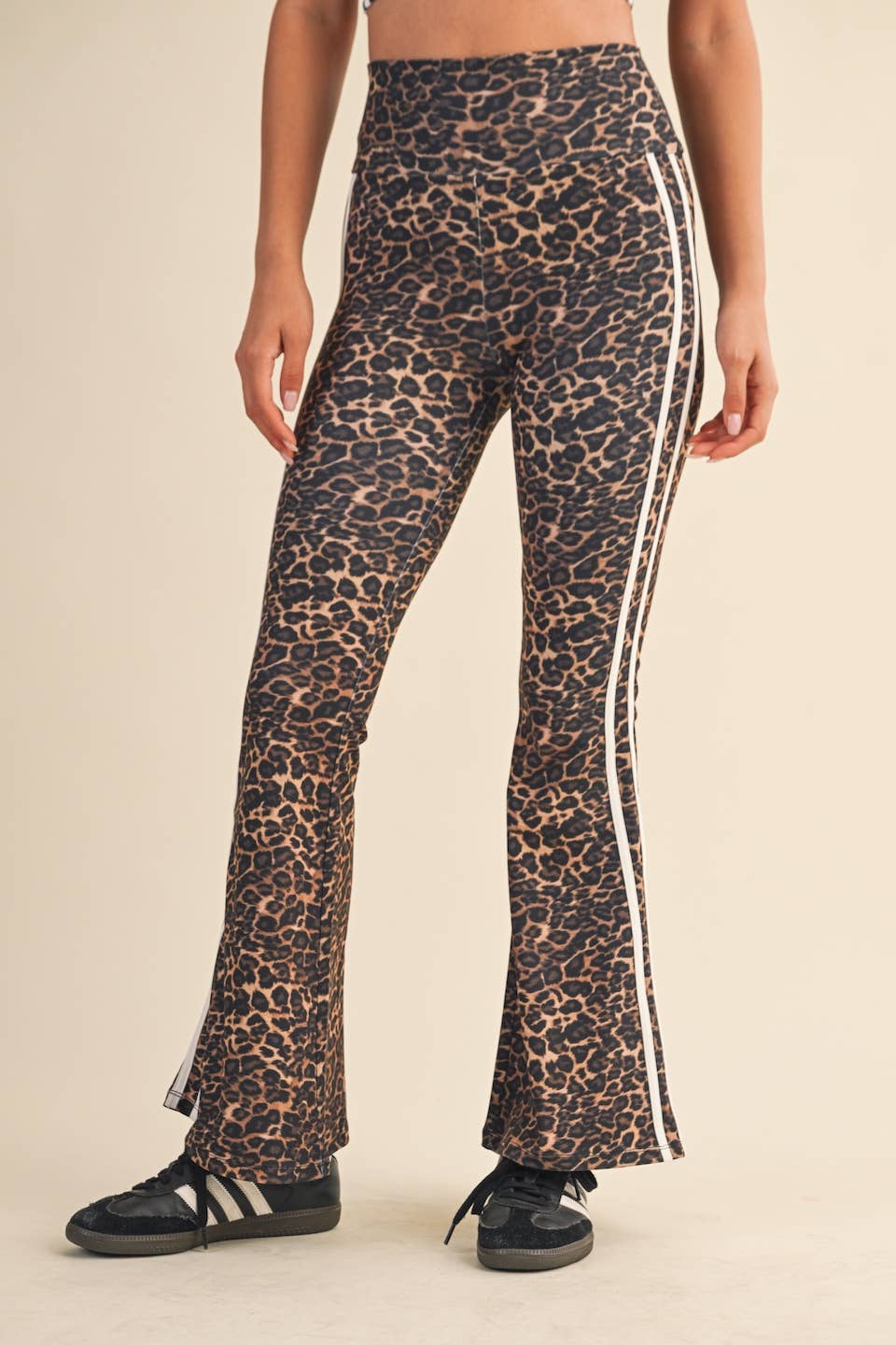 Leopard Print High Waist Flare Pants with Side Stripe