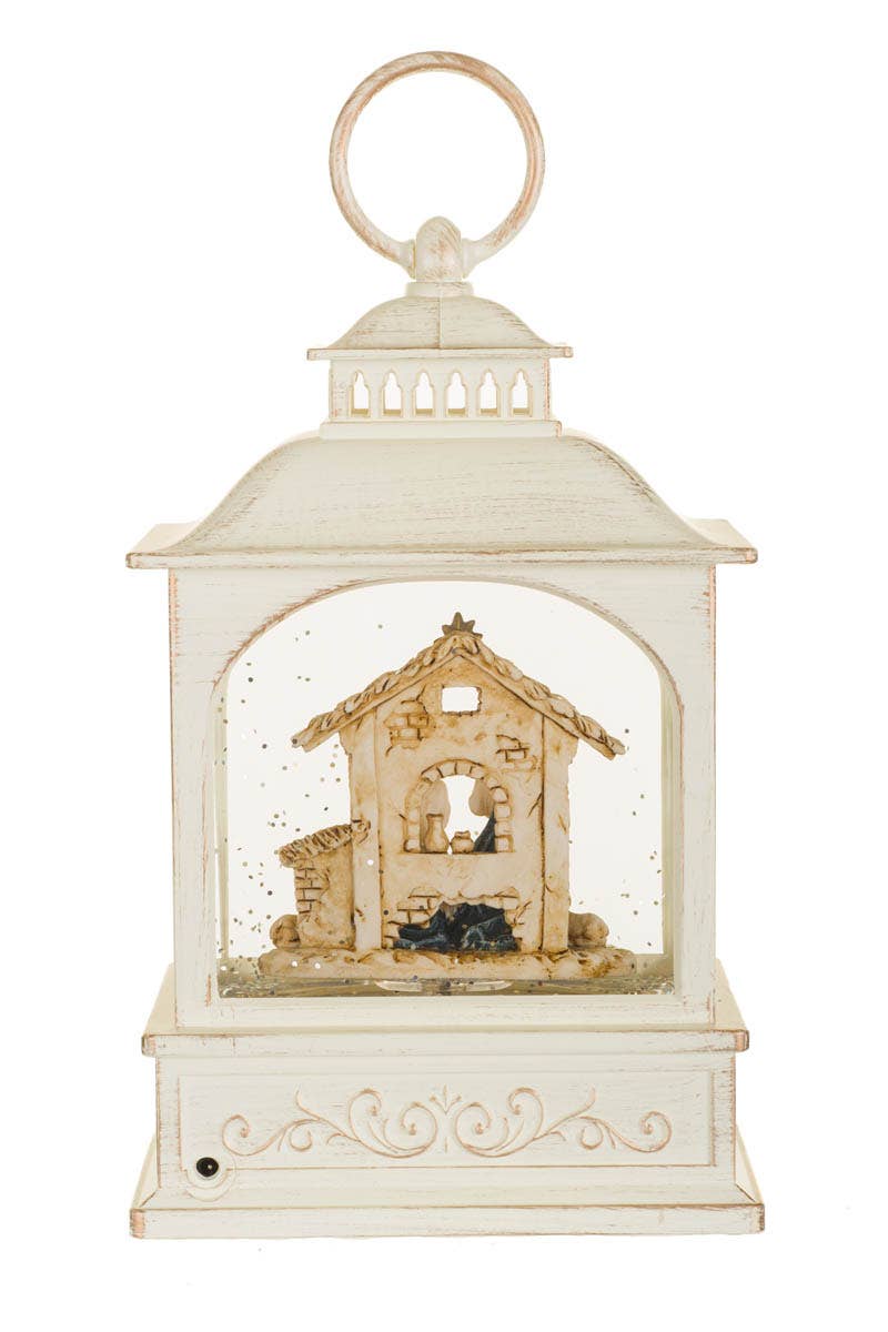 NEW-Musical White Led Lantern Snow Globe With Nativity Scene