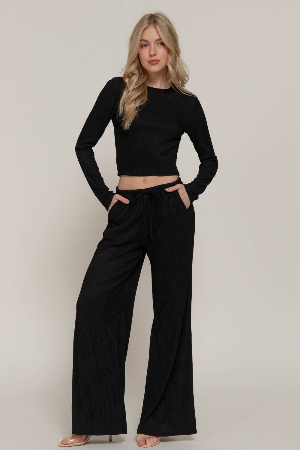 Long Sleeve Crew Neck Top & Waist Tie Long Pants Set