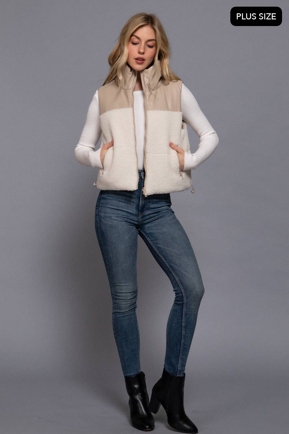 Reversible Faux Leather-Sherpa Contrast Padding Crop Vest