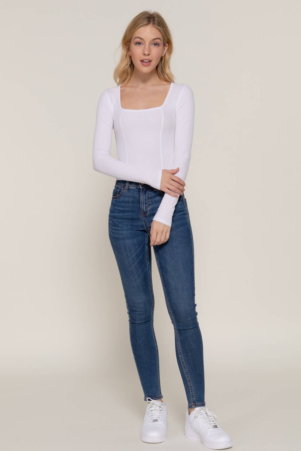 Long Sleeve Square Neck Corset Detail Knit Top