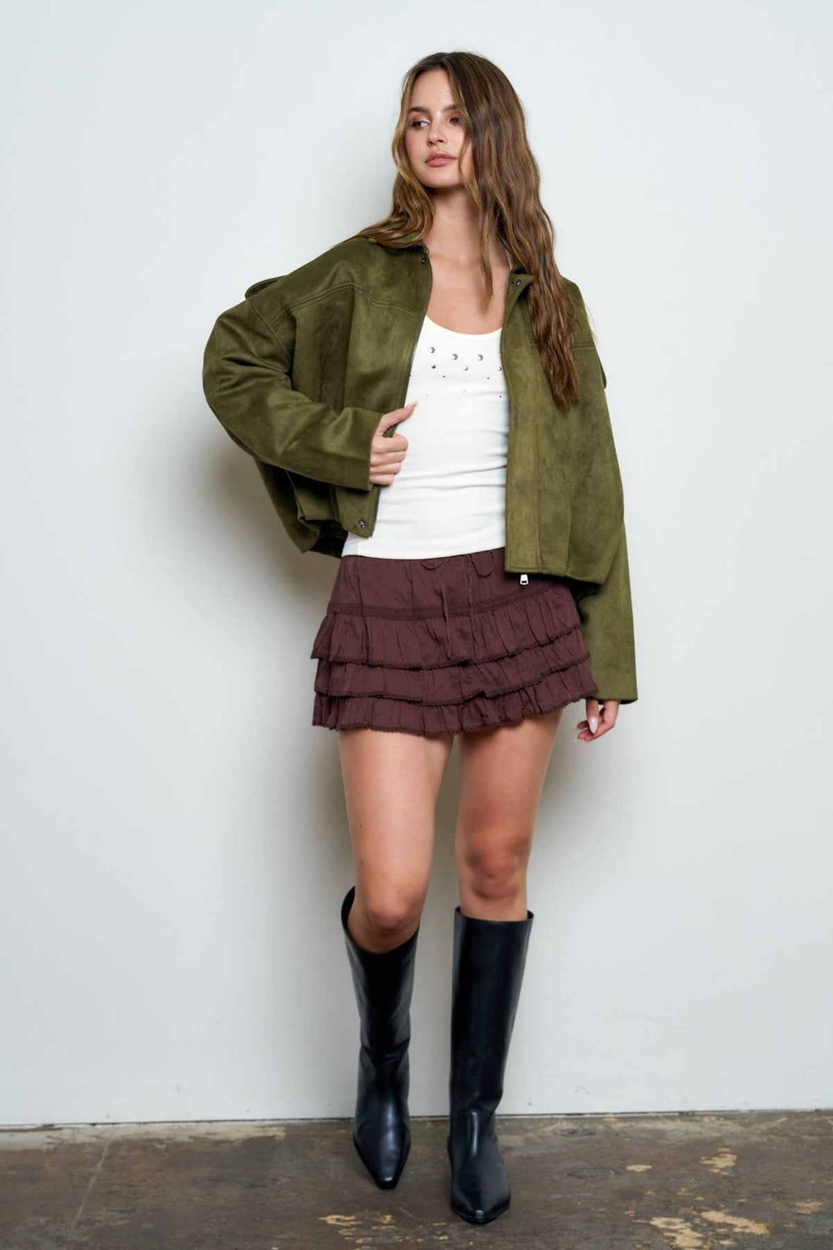 SUEDE EPAULET COLLARED ZIP-UP CROPPED JACKET