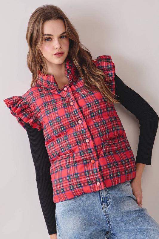 CV1277-Plaid Ruffled Shoulder Detail Puffer Vest