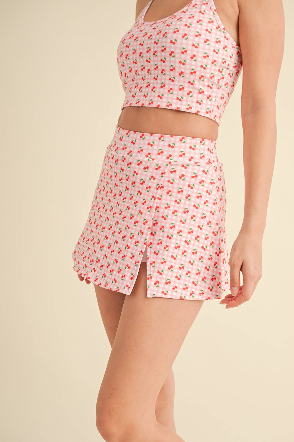Cherry Gingham Print Side Slit A-Line Skort