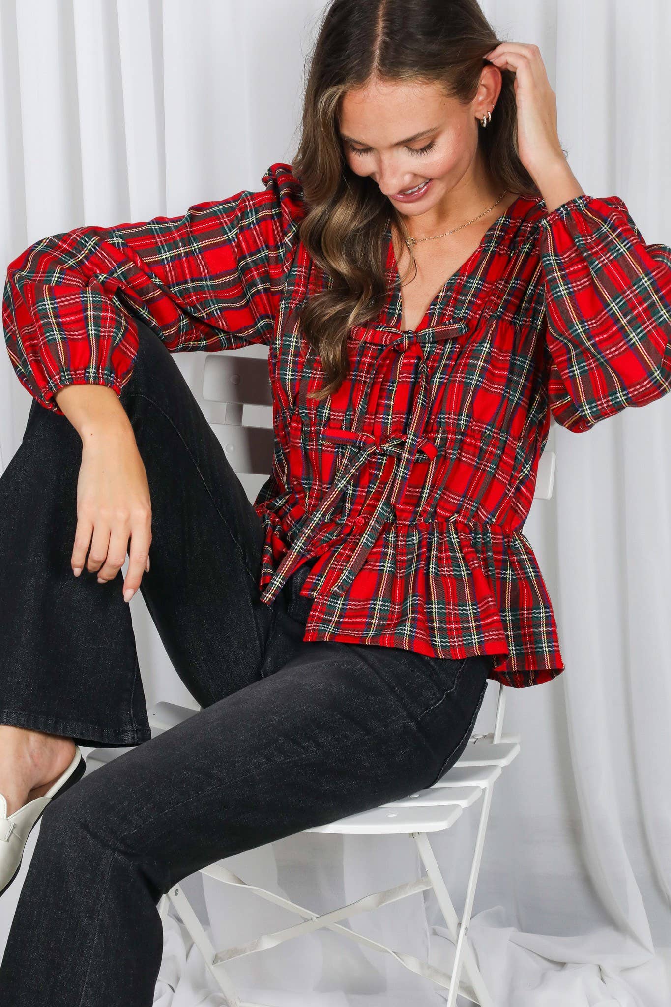 Front Elastic Shirring & Tie Plaid Blouse Top VT82890B