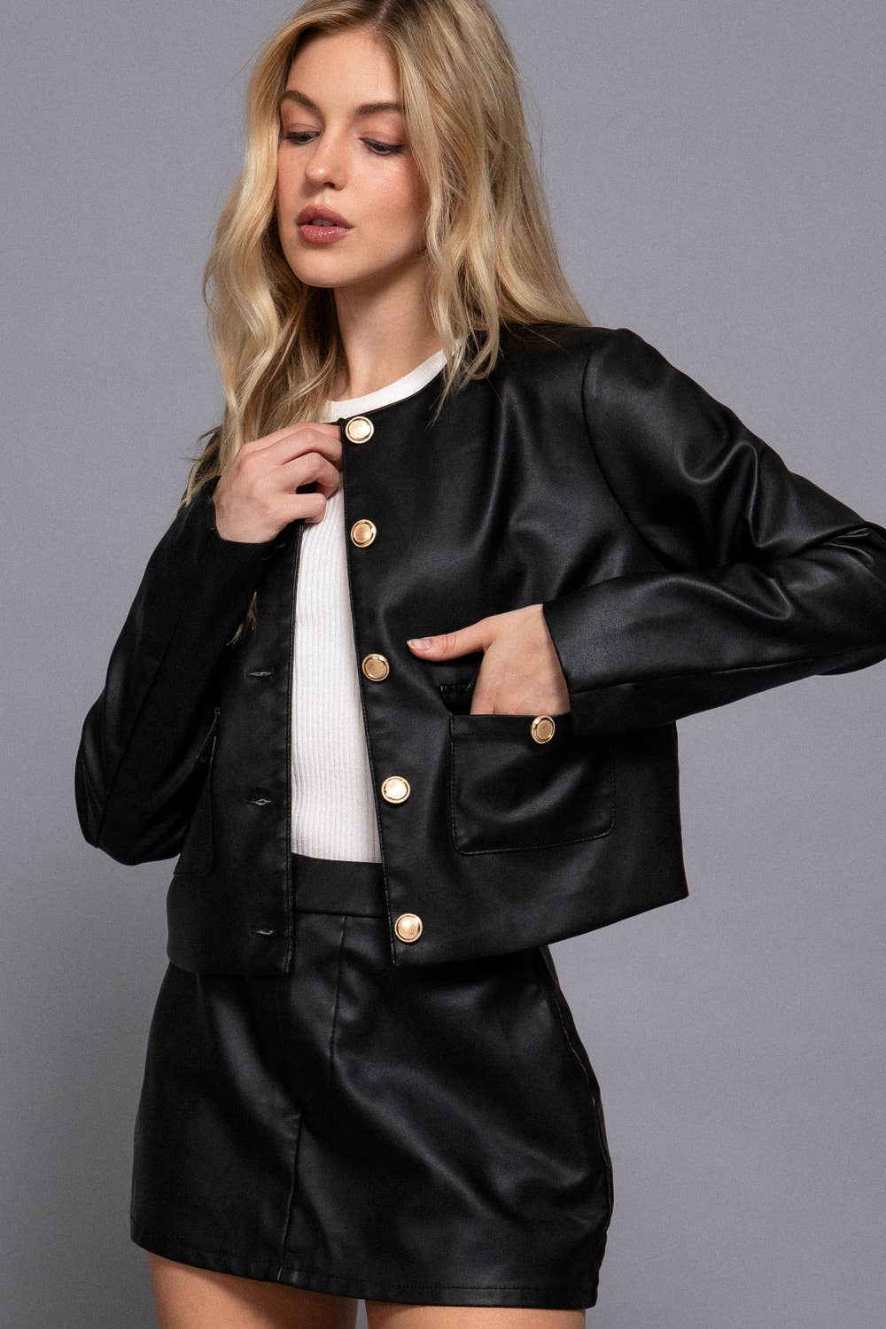 Long Sleeve Crew Neck Button Down Faux Leather Jacket