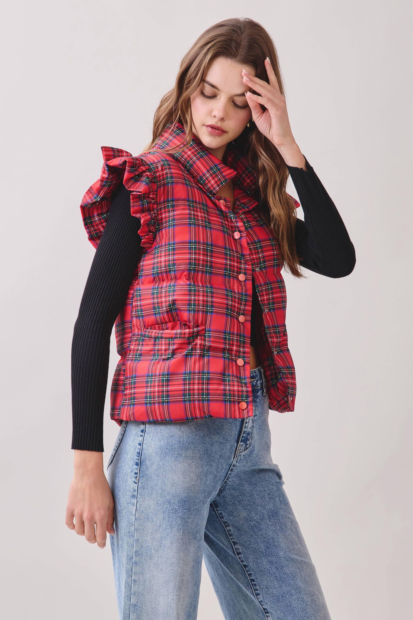 CV1277-Plaid Ruffled Shoulder Detail Puffer Vest