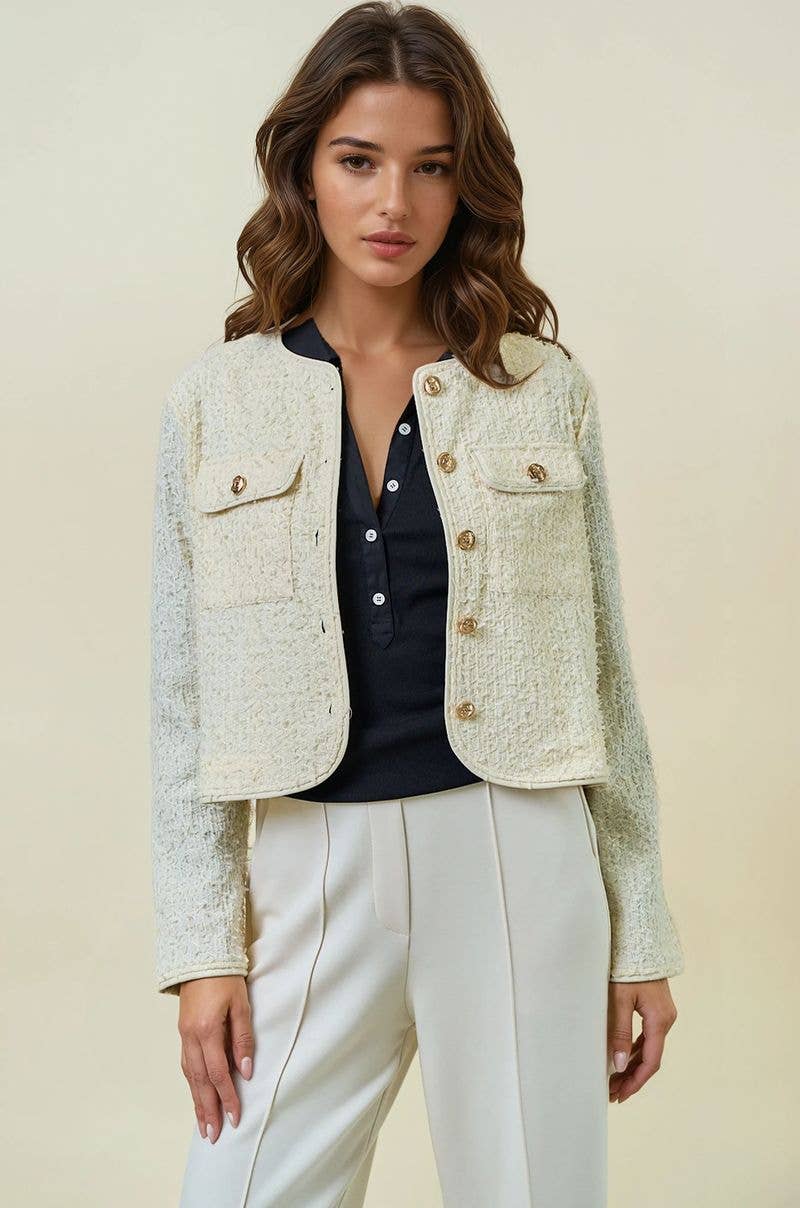 FRINGE TEXTURED KNIT BUTTON FRONT LADY JACKET - 10710J