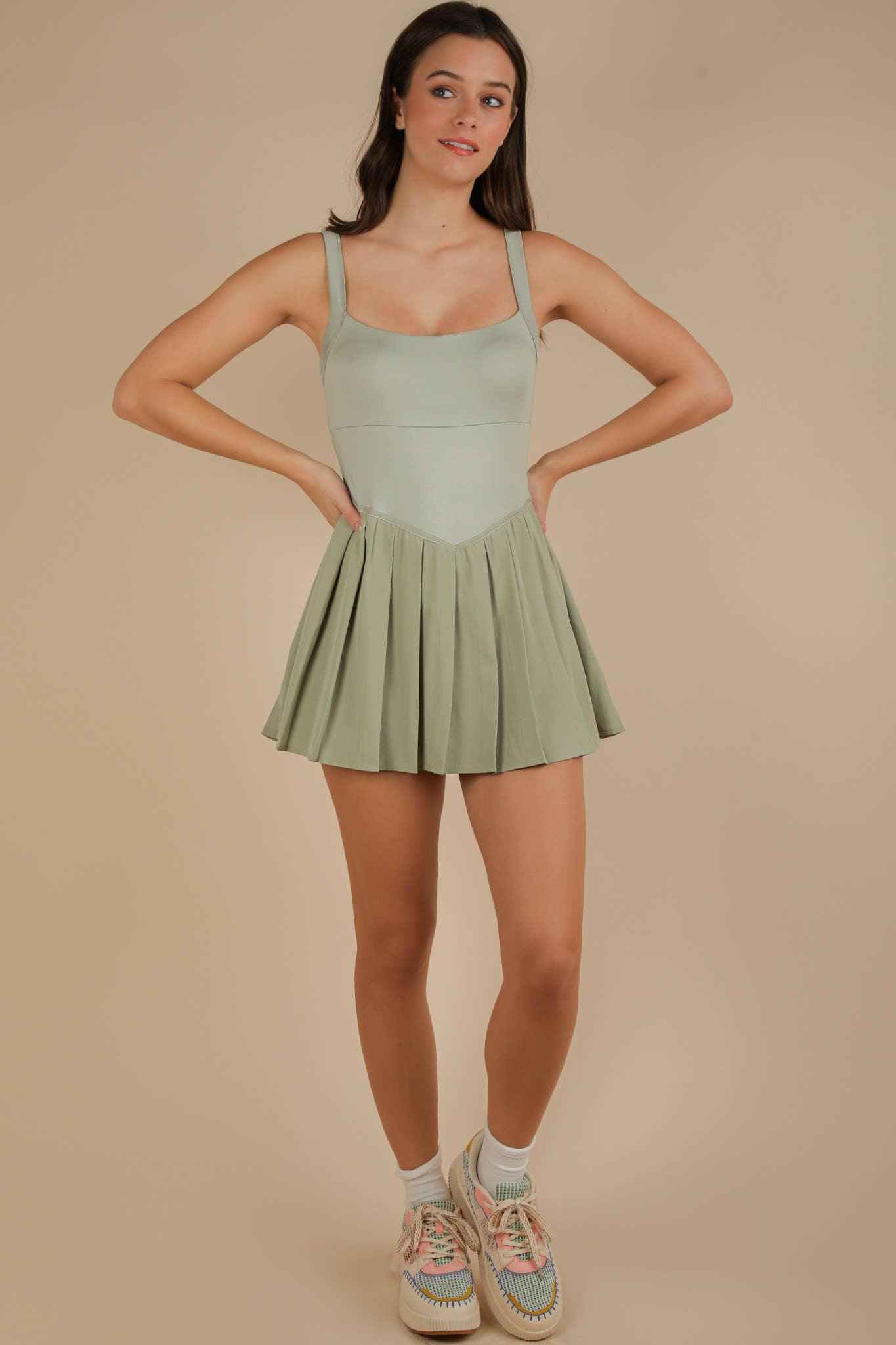 ND31725-Pleated Skirt Activewear Dress W/ Under Shorts