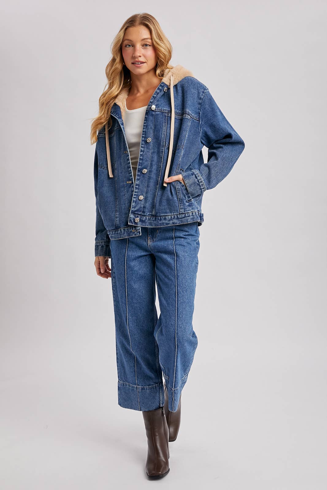 BUTTON DOWN FAUX FUR HOODED DENIM JACKET