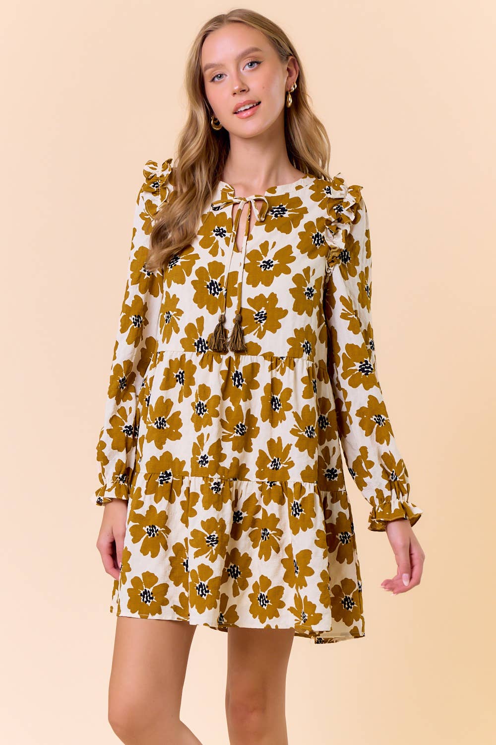 FLORAL PRINT LONG SLEEVE TIERED MINI DRESS - 27817D