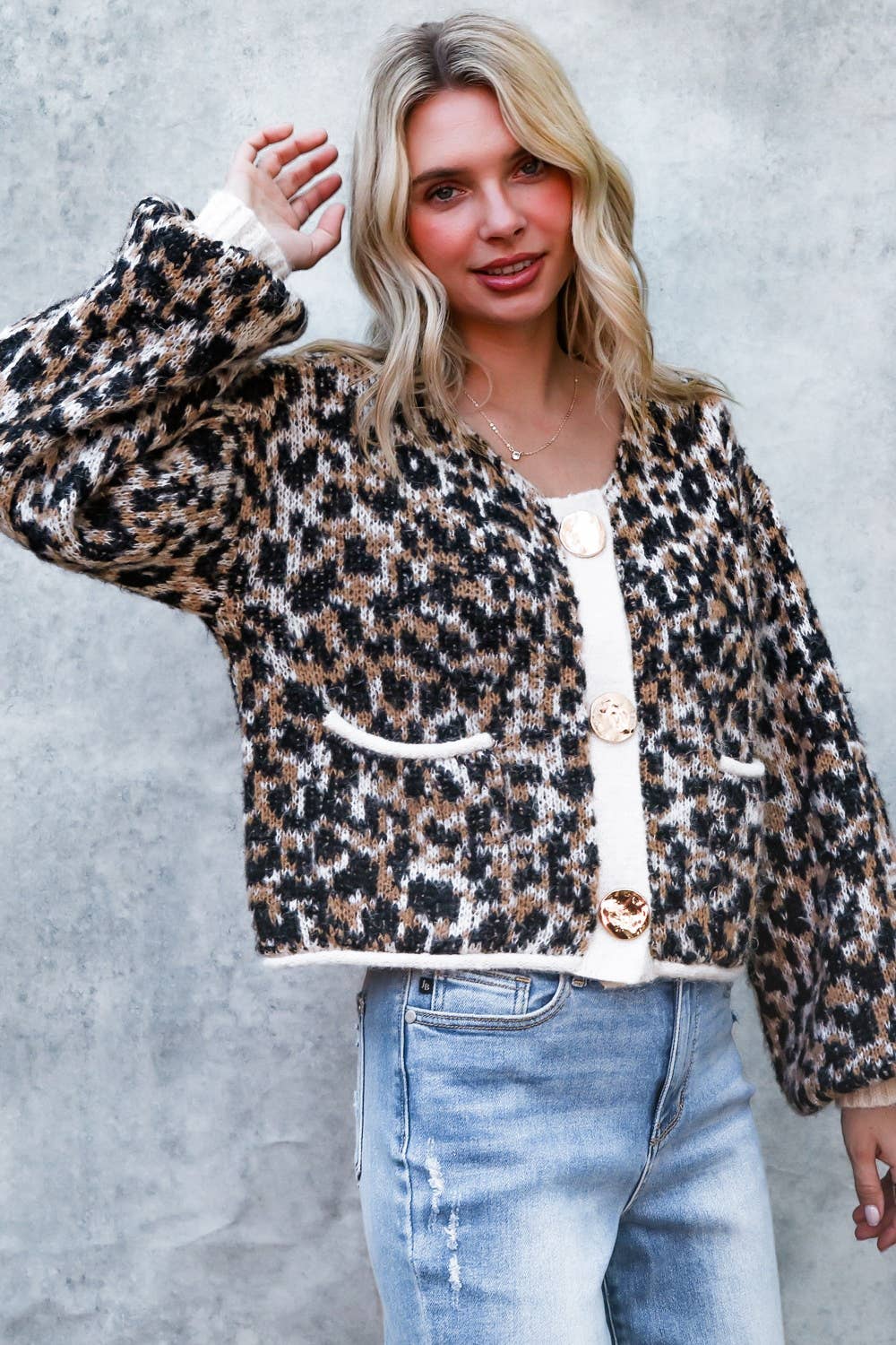 LEOPARD LONG SLEEVE CARDIGAN WITH GOLD BUTTON