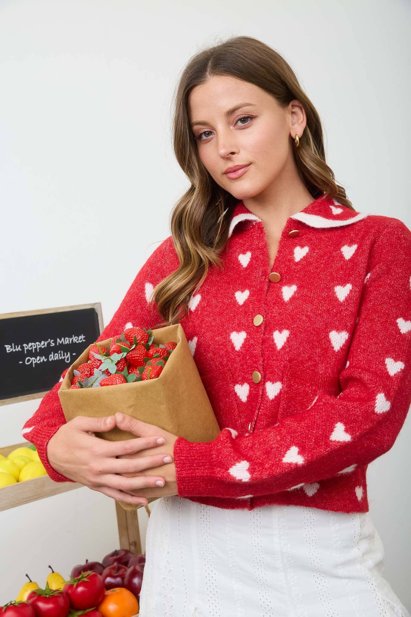 HEART PATTERN SCALLOP COLLAR BUTTON DOWN CARDIGAN