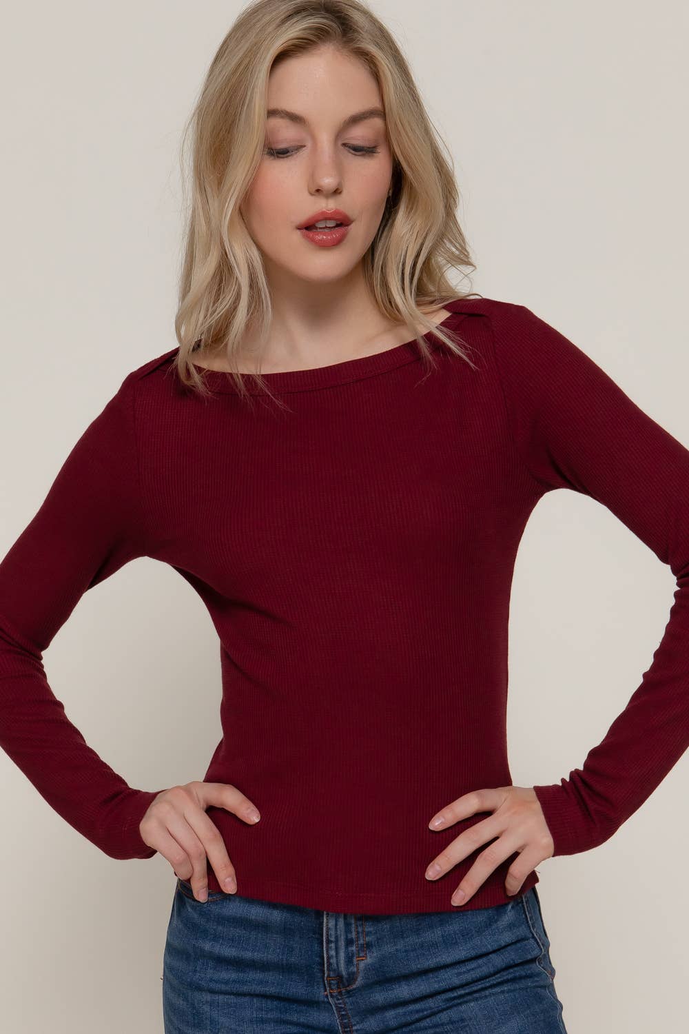 Long Sleeve Boat Neck Thermal Knit Top