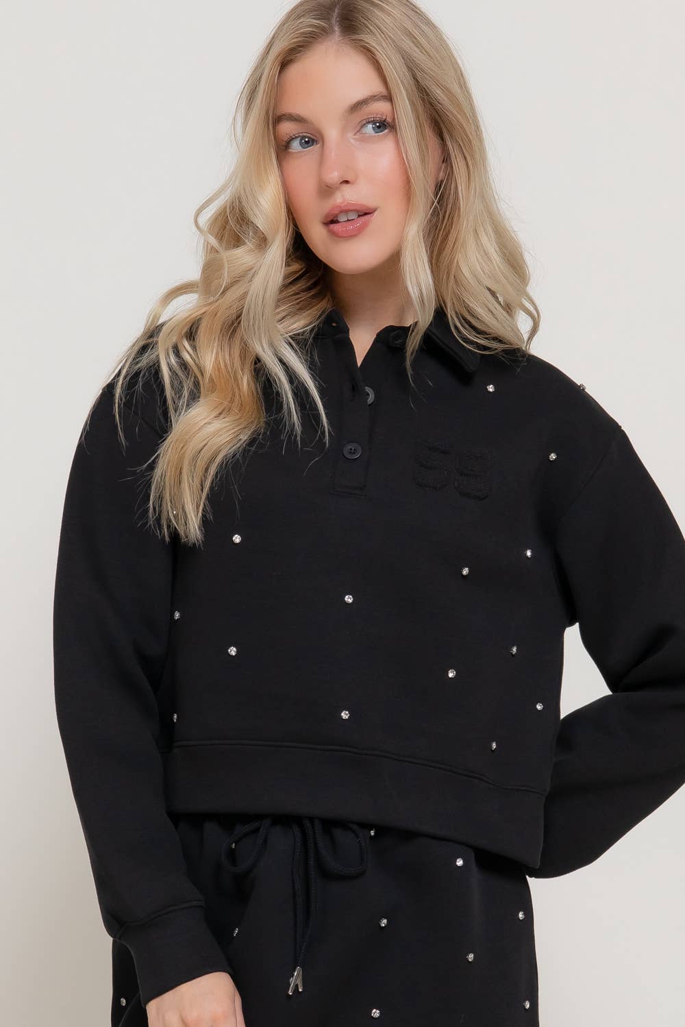 Long Sleeve with Embellished Scuba Polo Top