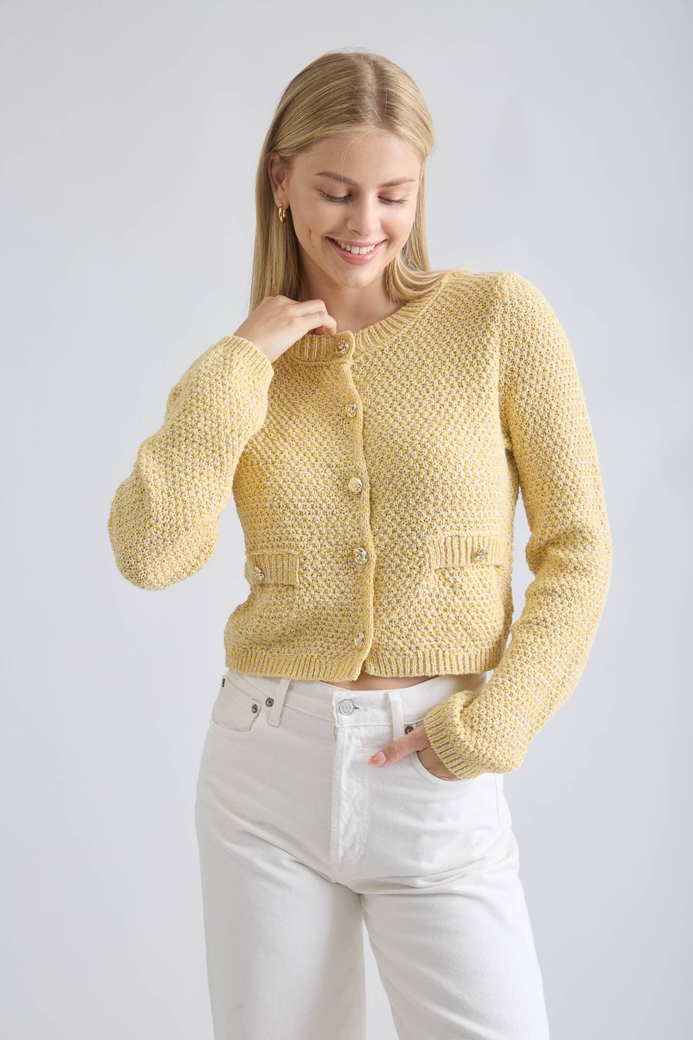 MARLED GOLD BUTTON ROUND NECK KNIT CARDIGAN