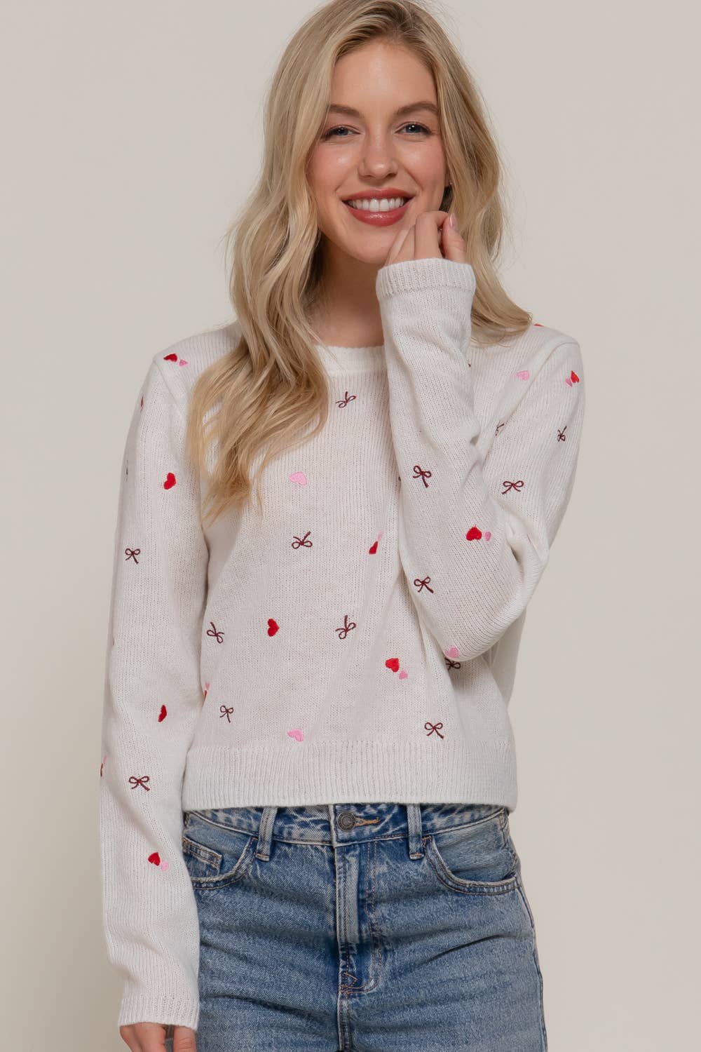 Long Sleeve Round Neck All Over Embroidery Sweater
